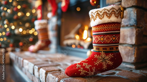 Wallpaper Mural Cozy Christmas fireplace with decorative gift socks and beautifully lighting tree holiday decoration Torontodigital.ca