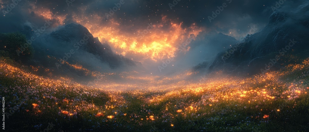 Mystical Mountain Valley with Glowing Flowers and a Fire Sky. Mystical Mountain Valley with Glowing Flowers and a Fire Sky.