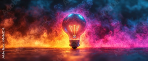 A glowing light bulb stands out in front of colorful smoke.