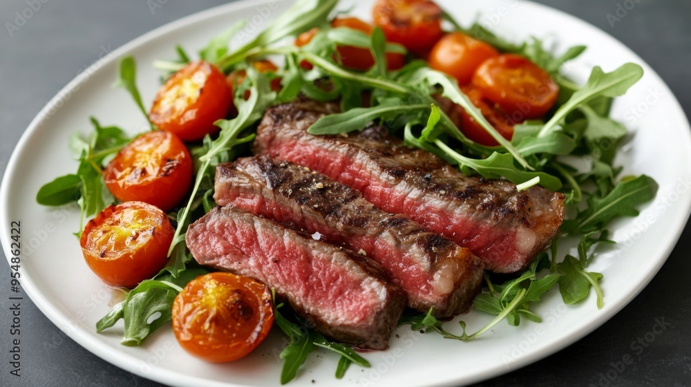 A beautifully composed steak dinner on a elegant platter, with slices of tender beef steak, roasted cherry tomatoes, and fresh arugula salad. A beautifully composed steak dinner on a elegant platter, with slices of tender beef steak, roasted cherry tomatoes, and fresh arugula salad.
