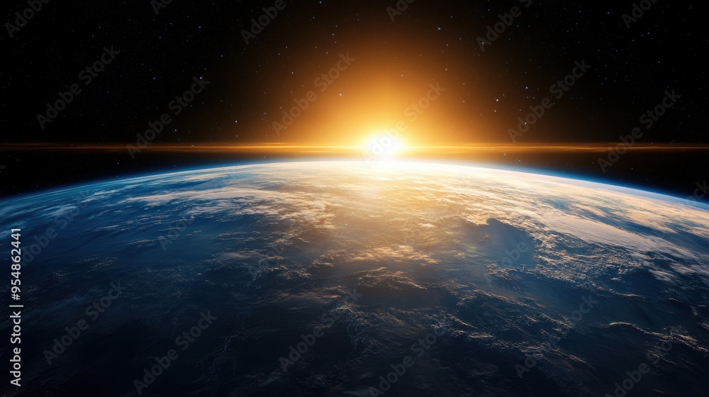 Fototapeta premium an Earth from space view, with a sunrise over the horizon, symbolizing new beginnings and global unity