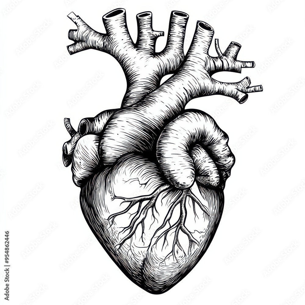 Detailed Black and White Outline of a Human Heart with Anatomical ...