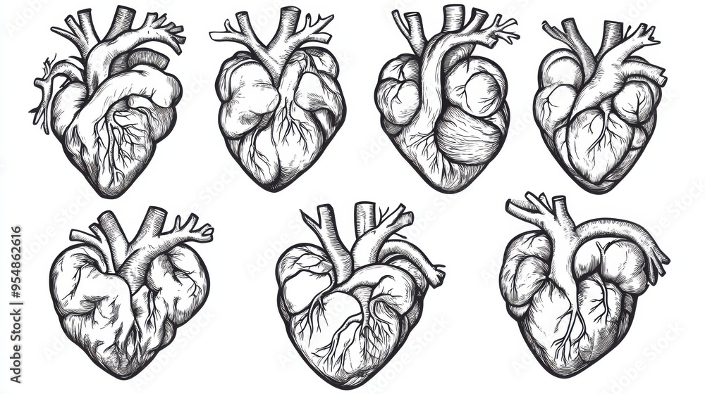 Detailed Black and White Outline of a Human Heart with Anatomical ...