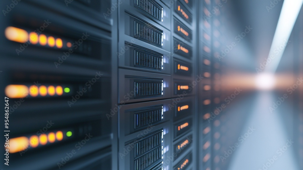 Data center racks showcasing multiple servers processing information in a technology hub during evening hours Data center racks showcasing multiple servers processing information in a technology hub during evening hours