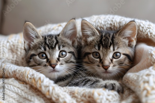 Adorable Twin Tabby Kittens Snuggled in Cozy Knitted Blanket for Warmth and Comfort