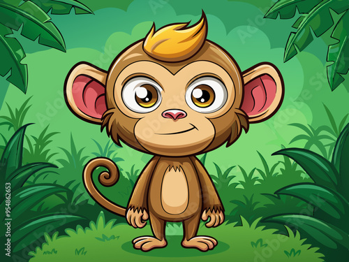 cartoon vector illustration of funny monkey animal, green isolated background, countryside tropical farm life photo