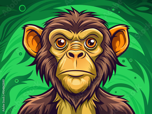 cartoon vector illustration of funny monkey animal, green isolated background, countryside tropical farm life photo