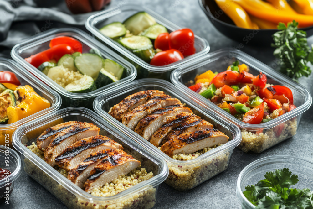 Healthy meal prep containers filled with grilled chicken, fresh vegetables, colorful ingredients. Balanced nutrition and meal planning Healthy meal prep containers filled with grilled chicken, fresh vegetables, colorful ingredients. Balanced nutrition and meal planning