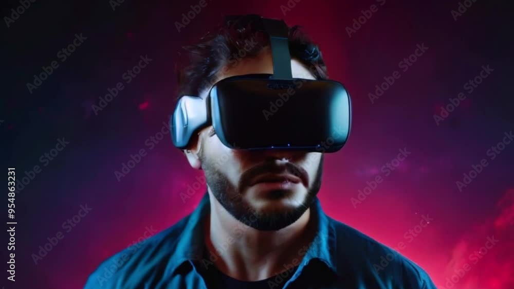 A man wearing a VR headset looks upwards in front of a pink and purple background. A man wearing a VR headset looks upwards in front of a pink and purple background.