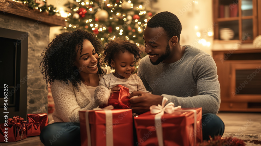 Christmas photo with a happy black family unpacking gifts, sitting in front of a Christmas tree in the background. Mother, father and a child celebrating Christmas Eve. Family traditions Christmas photo with a happy black family unpacking gifts, sitting in front of a Christmas tree in the background. Mother, father and a child celebrating Christmas Eve. Family traditions