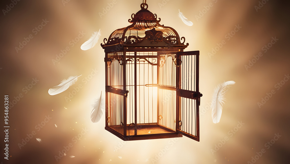 Empty Birdcage with Open Door and Floating Feathers Symbolizing Lost Thoughts and Memories on World Alzheimer's Day. Empty Birdcage with Open Door and Floating Feathers Symbolizing Lost Thoughts and Memories on World Alzheimer's Day.