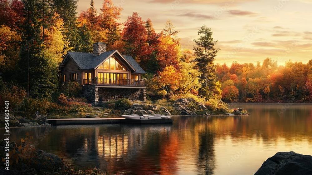 A tranquil lakeside cabin surrounded by vibrant autumn foliage during a golden sunset near a serene water surface A tranquil lakeside cabin surrounded by vibrant autumn foliage during a golden sunset near a serene water surface