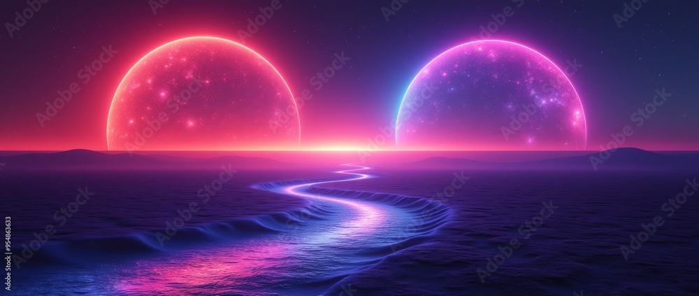 Twin neon domes rise over a serene sea, with a winding river reflecting the vibrant hues of pink and blue in a Synthwave style landscape. The digital artwork captures a calm, futuristic scene at dusk. Twin neon domes rise over a serene sea, with a winding river reflecting the vibrant hues of pink and blue in a Synthwave style landscape. The digital artwork captures a calm, futuristic scene at dusk.