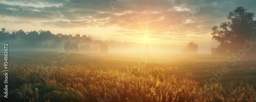 Dawn light shining through foggy fields, 4K hyperrealistic photo,