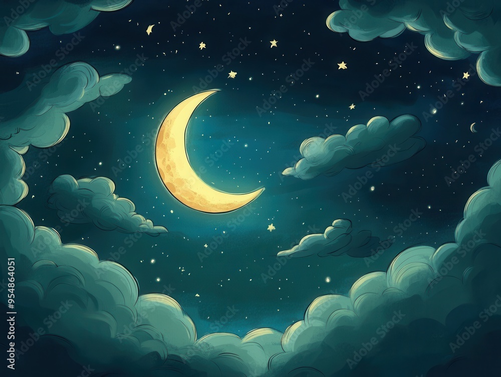 Crescent Moon and Stars in a Night Sky with Clouds - Digital Painting Illustration. Crescent Moon and Stars in a Night Sky with Clouds - Digital Painting Illustration.