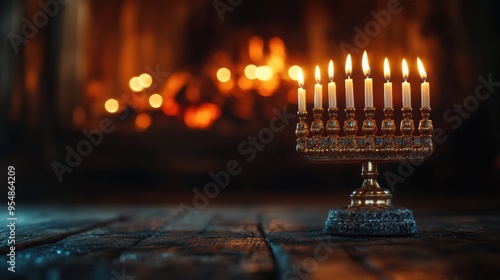 A close-up captures a lit Hanukkah menorah with candles glowing warmly, set against a dark, cozy background, radiating festive warmth. photo