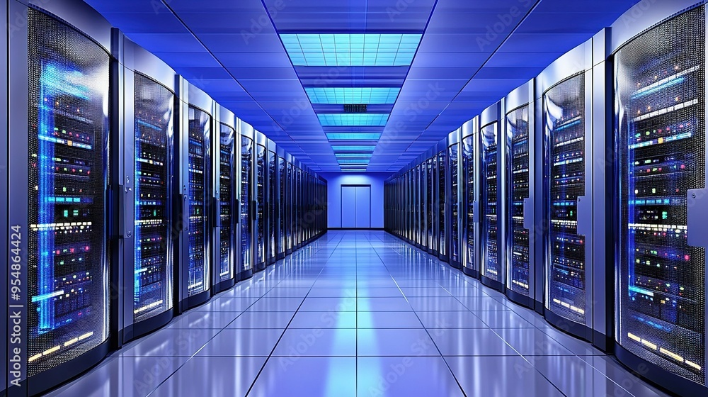 A high-tech data center featuring rows of servers and blue LED lighting in a modern facility during daytime A high-tech data center featuring rows of servers and blue LED lighting in a modern facility during daytime