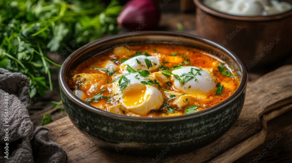 A bowl of hearty fish stew with poached eggs served in a rustic kitchen setting, with a pot of fresh herbs in the background. A bowl of hearty fish stew with poached eggs served in a rustic kitchen setting, with a pot of fresh herbs in the background.