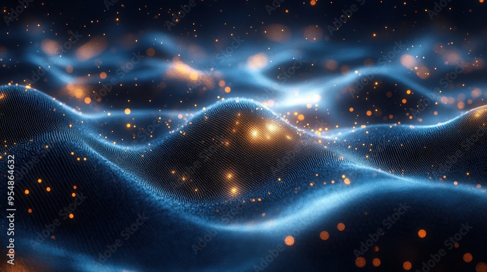 Abstract Blue and Gold Glowing Particle Background.