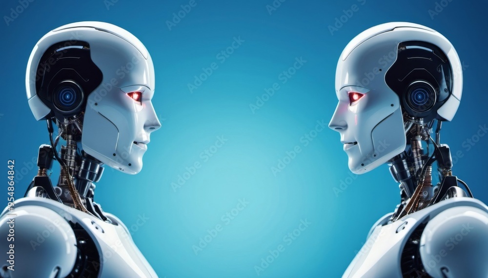 A pair of bionic robots opposite each other. future technologies. Scientific progress. Generative ai. AI A pair of bionic robots opposite each other. future technologies. Scientific progress. Generative ai. AI