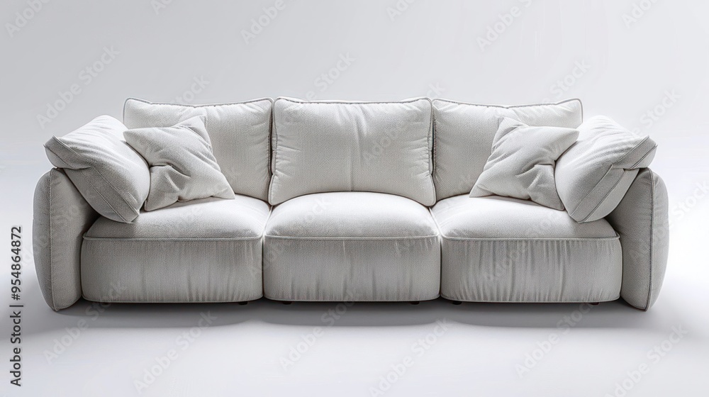 White modern sofa with plush cushions and a tufted design against a white background. White modern sofa with plush cushions and a tufted design against a white background.