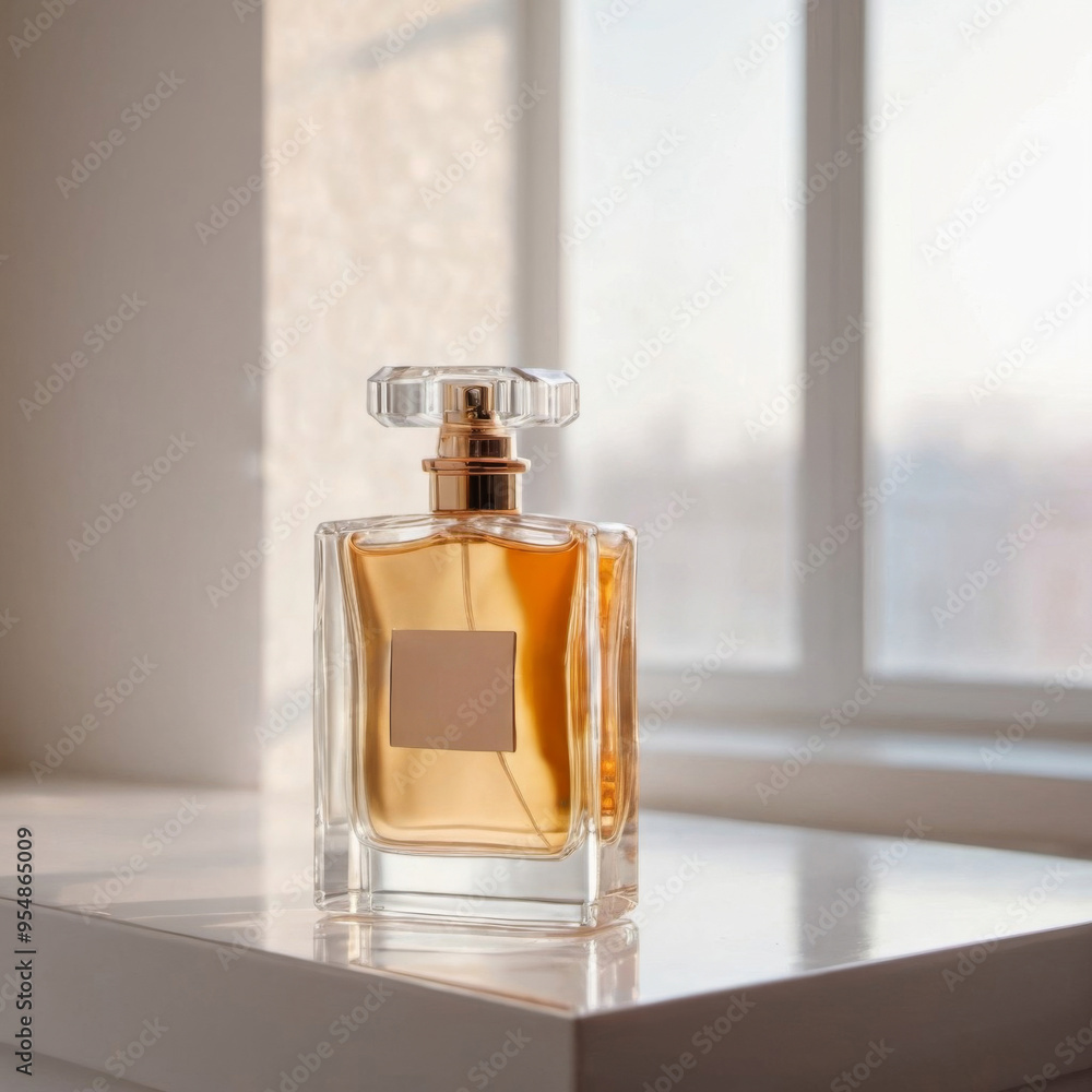 bottle of perfume on white platform , light background behind . Ai generated bottle of perfume on white platform , light background behind . Ai generated