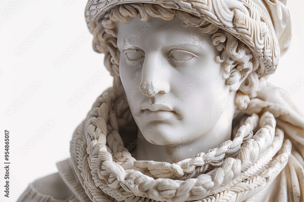 portrait ancient marble statue of young man in knitted hat and scarf on white background portrait ancient marble statue of young man in knitted hat and scarf on white background