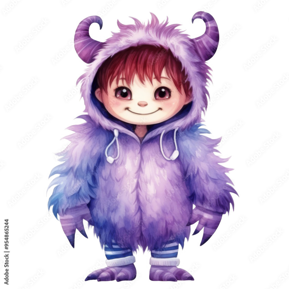 A Smiling Child Wearing a Purple Furry Monster Costume A Smiling Child Wearing a Purple Furry Monster Costume