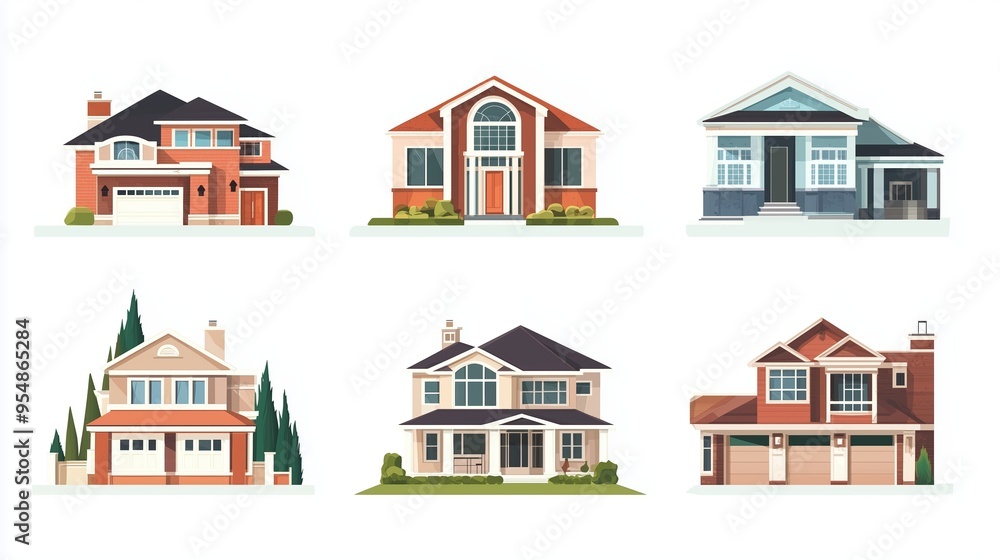 A collection of six diverse house designs showcasing various architectural styles in a clean and modern format A collection of six diverse house designs showcasing various architectural styles in a clean and modern format