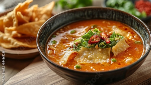 A bowl of piping hot tom yum soup served in a traditional Thai ceramic bowl, with a side of crispy fried wonton strips for dipping.