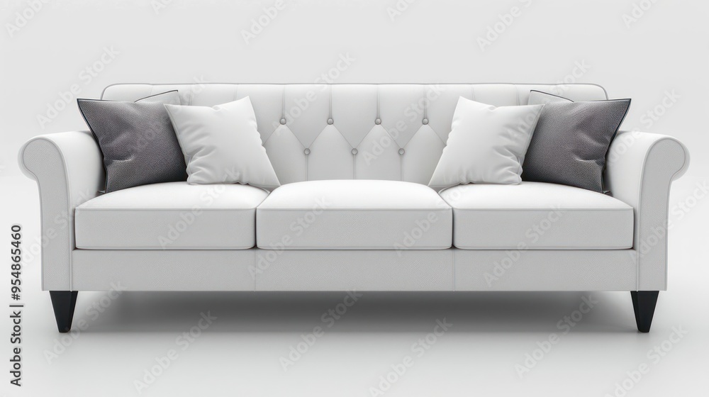 Fototapeta premium White sofa with tufted back and grey pillows isolated on white background.