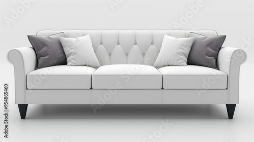 White sofa with tufted back and grey pillows isolated on white background.