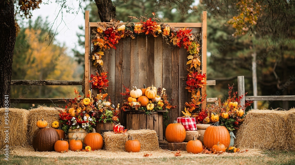 Obraz premium A Thanksgiving outdoor gathering featuring a leaf-pile jumping contest among children, with adults watching and laughing, set against a backdrop of colorful fall foliage