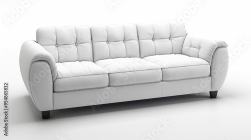 Modern white leather sofa with tufted cushions isolated on white background.