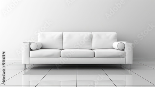 Modern white sofa with three cushions in a minimalist living room setting.