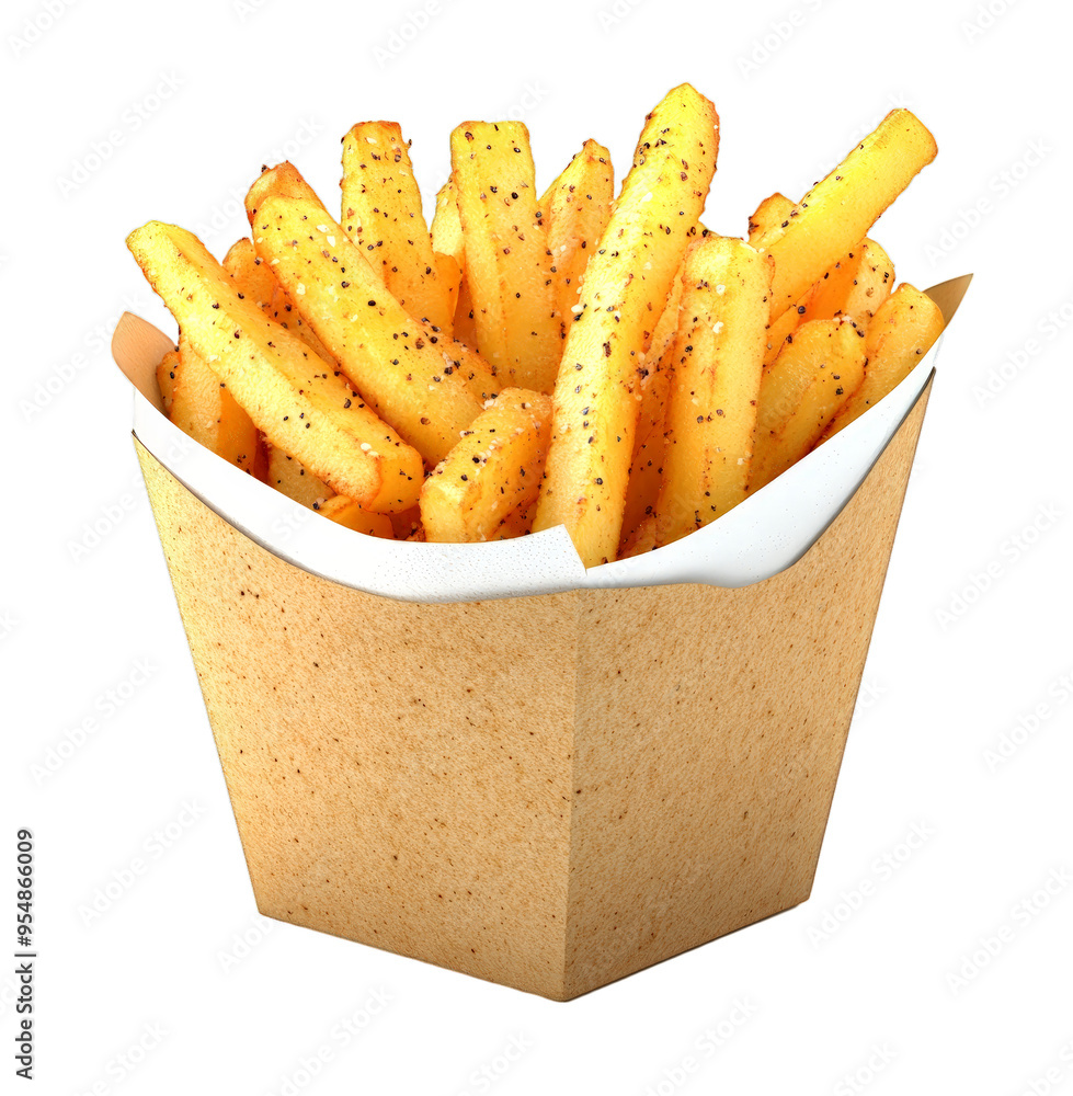A paper container filled with crispy, golden French fries, sprinkled with black pepper, is showcased on a transparent background.
A paper container filled with crispy, golden French fries, sprinkled with black pepper, is showcased on a transparent background.