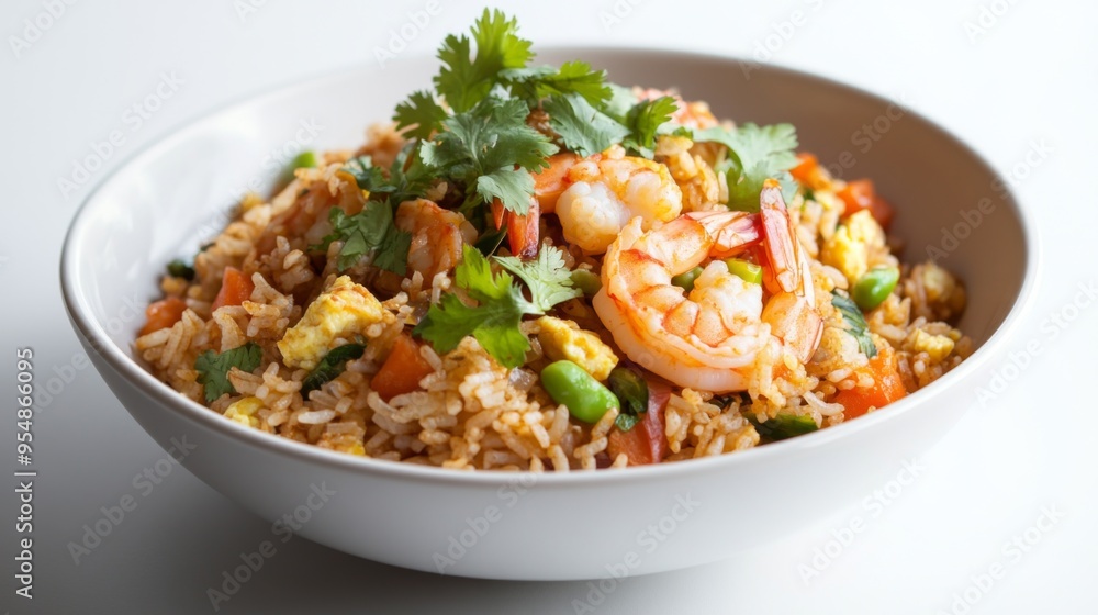 A bowl of Khao Pad (fried rice) with vegetables, egg, and shrimp, garnished with fresh herbs, displayed against a white backdrop. A bowl of Khao Pad (fried rice) with vegetables, egg, and shrimp, garnished with fresh herbs, displayed against a white backdrop.