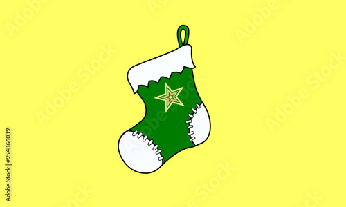 Green Christmas stocking with white fur isolated cutout on yellow background. 