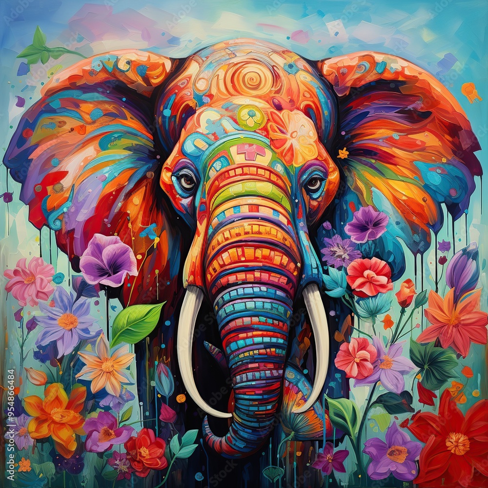 Obraz premium Elephant painting featuring colorful flowers in a vibrant and artistic style.