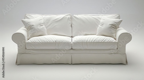 White sofa with two pillows in front of a plain white background.