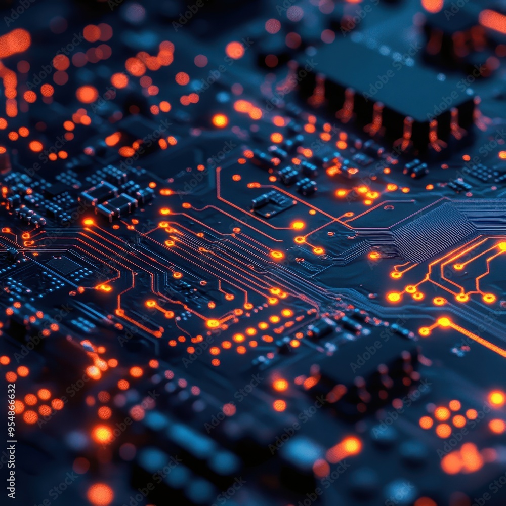 Close-Up Macro Shot of Illuminated Circuit Board with Orange Lights Close-Up Macro Shot of Illuminated Circuit Board with Orange Lights