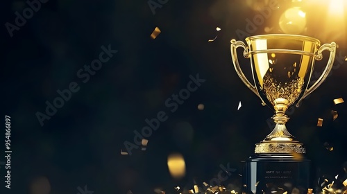 Golden Trophy and Confetti on Dark Background, Success Award Banner for Victory Celebration and Premium Service Achievement Presentation