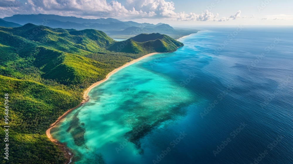 Fototapeta premium A breathtaking aerial view of a tropical island paradise, with emerald-green mountains, turquoise lagoons, and golden beaches, showcasing the beauty of Omagase.