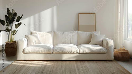 A white sofa with cushions in a minimalist living room with a plant, a wicker basket, and a framed artwork.