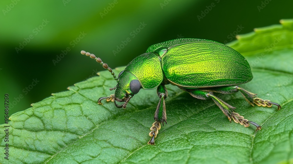 A bright green beetle resting on a large leaf, with its shiny exoskeleton reflecting light and blending with the natural colors of the foliage. A bright green beetle resting on a large leaf, with its shiny exoskeleton reflecting light and blending with the natural colors of the foliage.