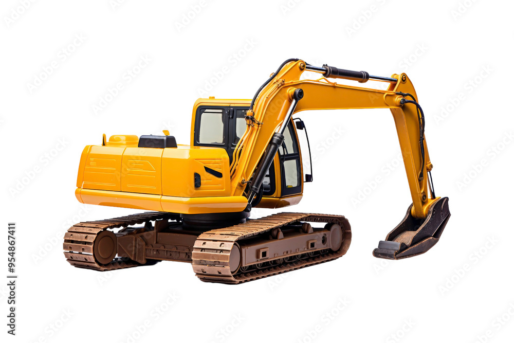 Yellow excavator with a brown bucket on the treads. Ideal for construction, industrial, machinery, engineering, and heavy equipment concepts in design projects Yellow excavator with a brown bucket on the treads. Ideal for construction, industrial, machinery, engineering, and heavy equipment concepts in design projects
