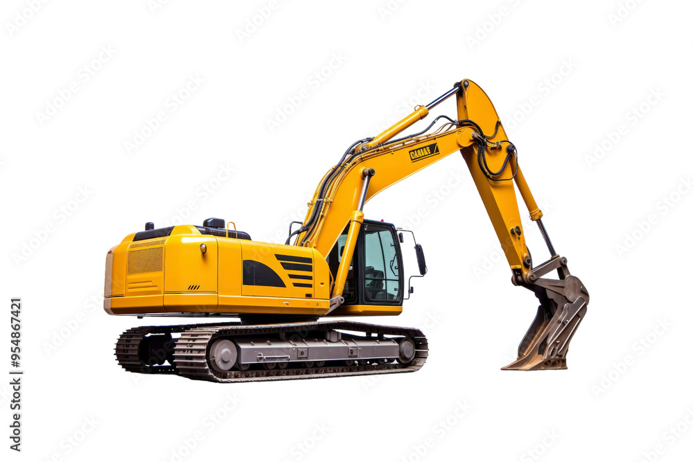 Yellow excavator with a brown bucket on the treads. Ideal for construction, industrial, machinery, engineering, and heavy equipment concepts in design projects Yellow excavator with a brown bucket on the treads. Ideal for construction, industrial, machinery, engineering, and heavy equipment concepts in design projects