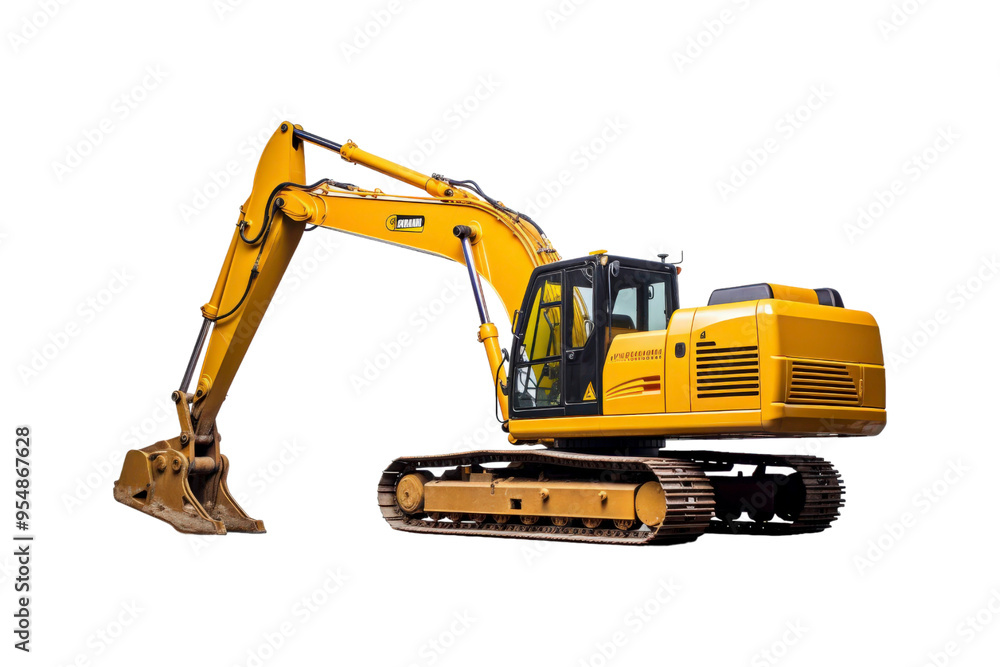 Yellow excavator with a brown bucket on the treads. Ideal for construction, industrial, machinery, engineering, and heavy equipment concepts in design projects Yellow excavator with a brown bucket on the treads. Ideal for construction, industrial, machinery, engineering, and heavy equipment concepts in design projects