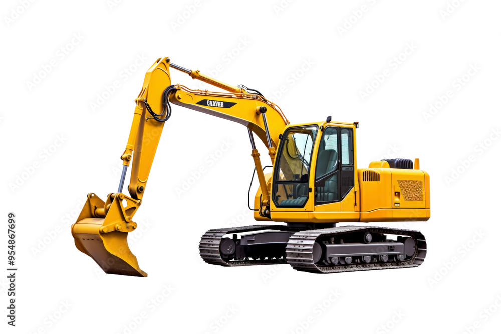 Yellow excavator with a brown bucket on the treads. Ideal for construction, industrial, machinery, engineering, and heavy equipment concepts in design projects Yellow excavator with a brown bucket on the treads. Ideal for construction, industrial, machinery, engineering, and heavy equipment concepts in design projects