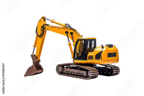 Yellow excavator with a brown bucket on the treads. Ideal for construction, industrial, machinery, engineering, and heavy equipment concepts in design projects